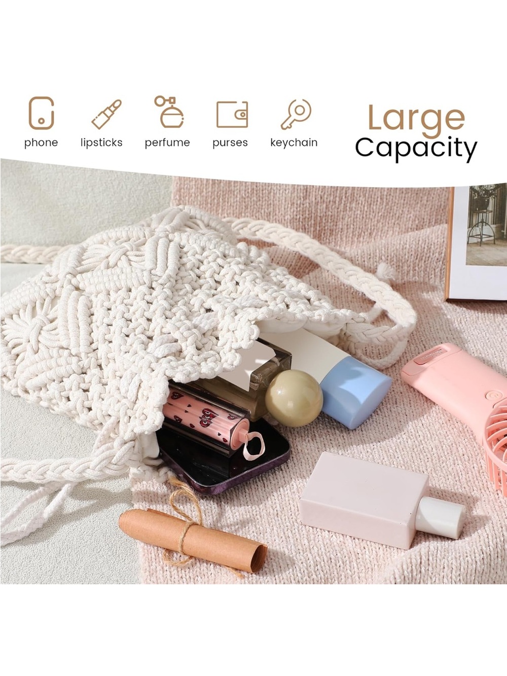 White Crochet Drawstring Mini Bag - Picture 6 of 8